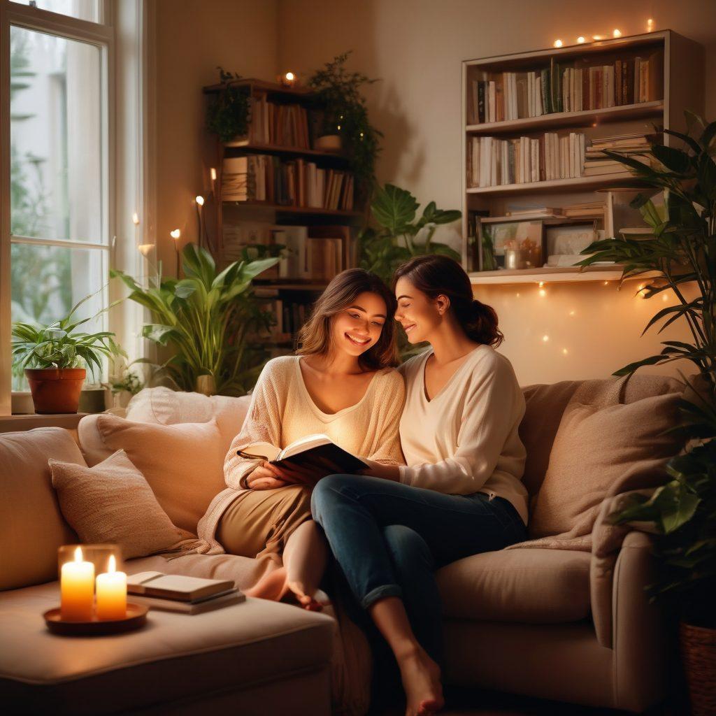 A warm, intimate scene of a couple sitting together on a cozy sofa, sharing a tender moment while surrounded by soft candlelight and lush houseplants. In the background, a bookshelf filled with romantic novels and a framed picture of their happy memories. The atmosphere exudes love and connection, with gentle colors that evoke warmth and romance. super-realistic. soft lighting. vibrant colors.