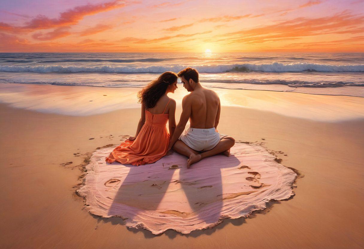 A harmonious scene of two soulmates sharing a sunset picnic on a tranquil beach, surrounded by footprints in the sand symbolizing their journey together, with lush greenery and soft waves in the background. The sky is painted in warm hues of orange and pink, reflecting love and serenity. Include subtle details like intertwined hands and a shared book to emphasize connection. vibrant colors. super-realistic.